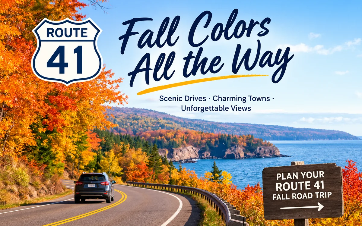Illustrative Route 41 fall road trip artwork with autumn trees, a lake, winding road, and Route 41 lettering.