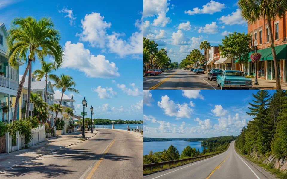 Late-summer Route 41 road-trip montage spanning Florida, Chicago, and northern lake country.