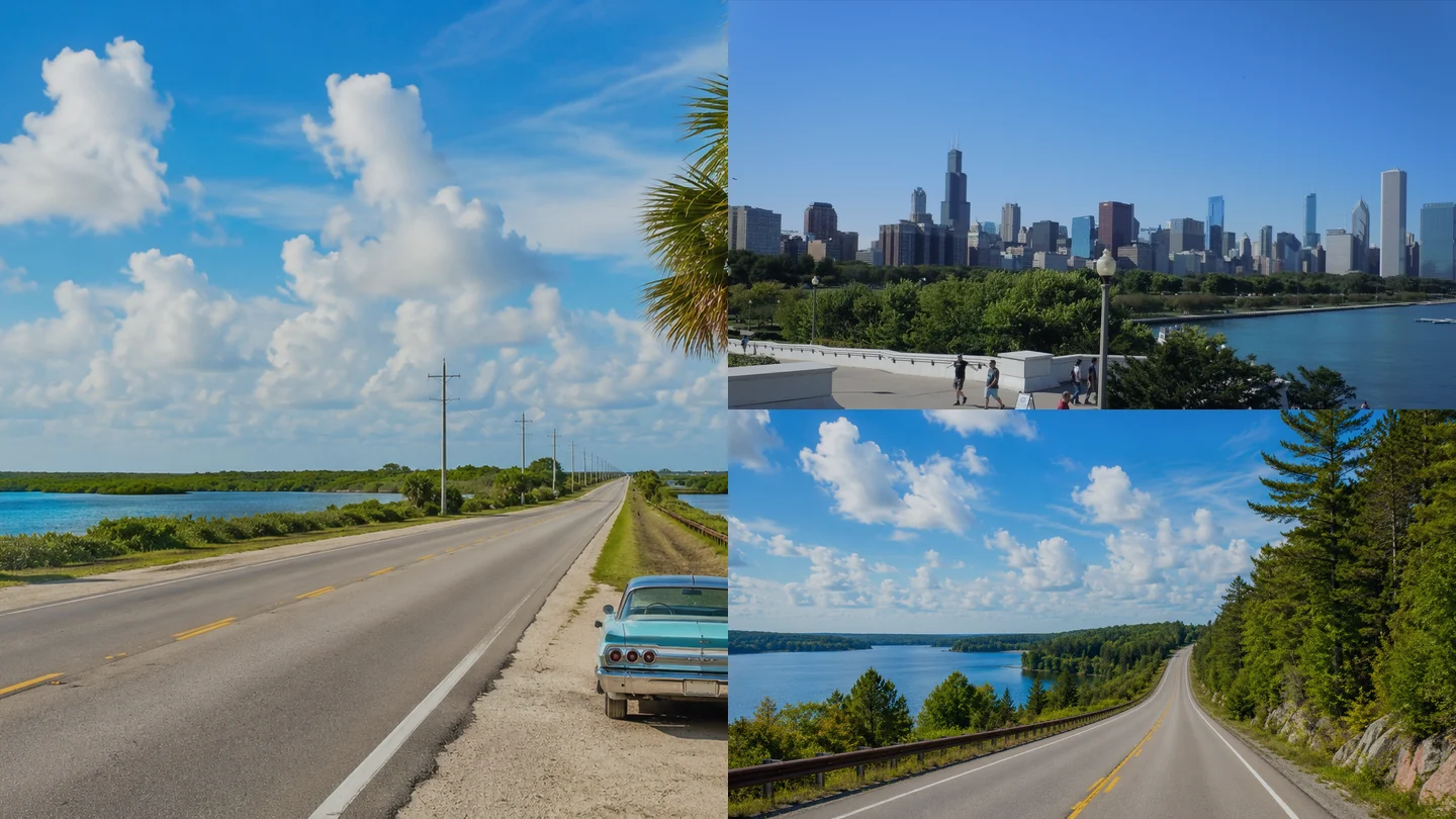 A late-summer Route 41 montage with the Tamiami Trail, Chicago lakefront, and northern lake-country road.