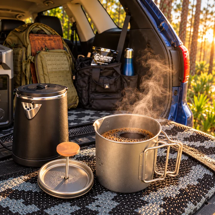Road-trip coffee setup in an open SUV with a kettle, metal cup, insulated bottle, and travel gear.