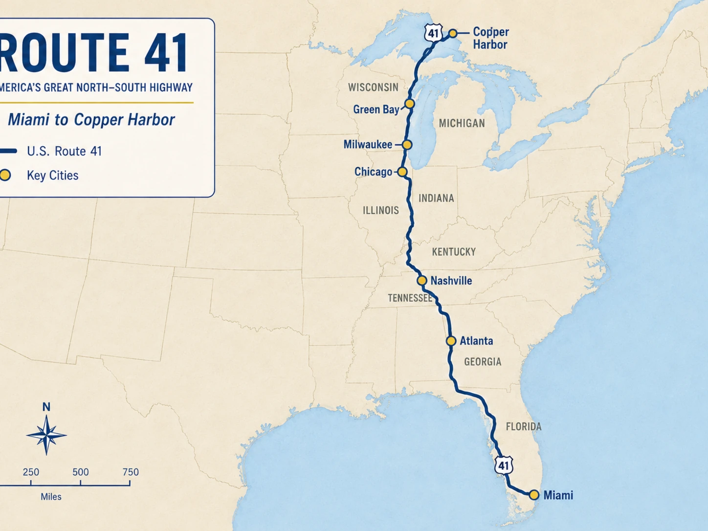 Map-style view of the complete Route 41 corridor from Miami to Copper Harbor.