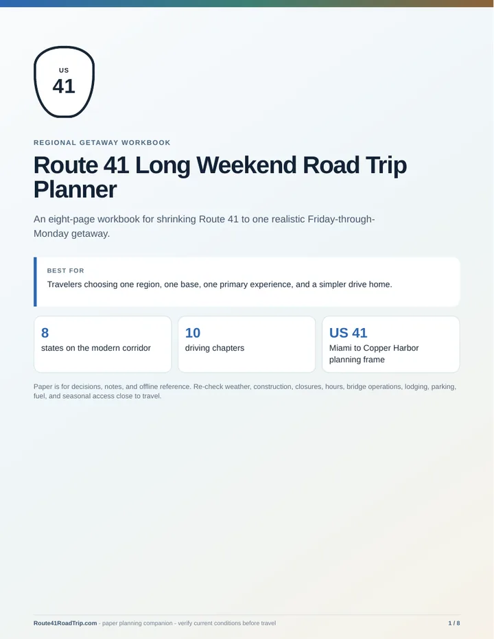 Cover of Route 41 Long Weekend Road Trip Planner.