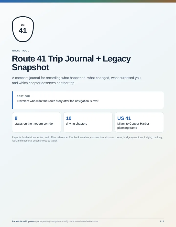 Cover of Route 41 Trip Journal + Legacy Snapshot.