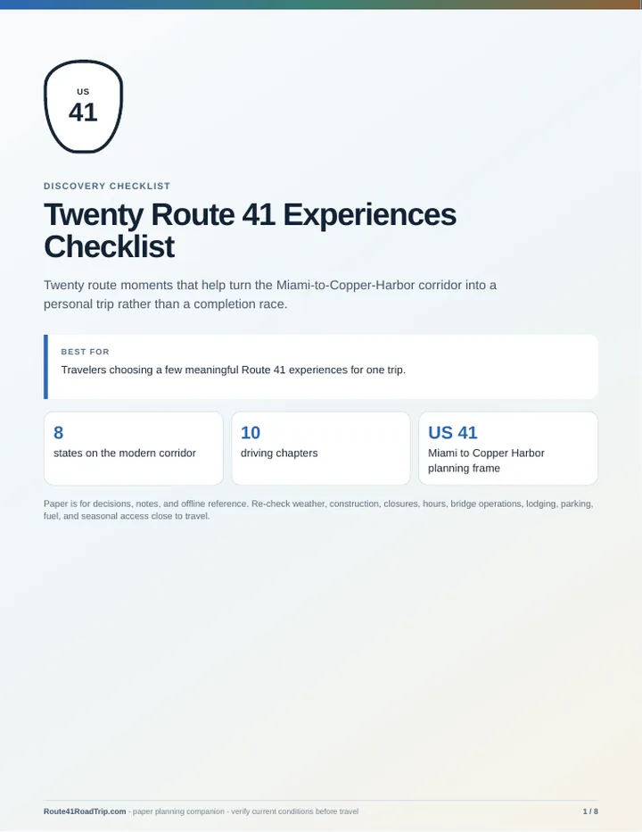 Cover of Twenty Route 41 Experiences Checklist.