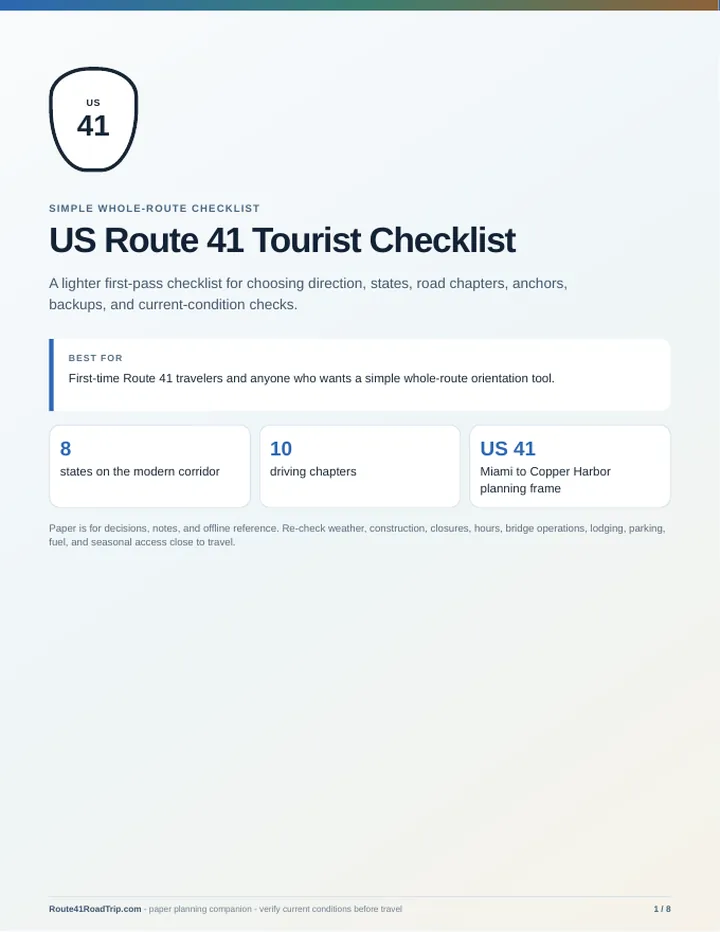 Cover of US Route 41 Tourist Checklist.