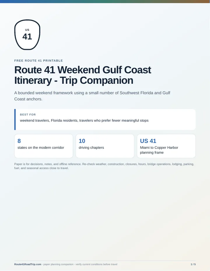 Cover of Route 41 Weekend Gulf Coast Itinerary - Trip Companion.